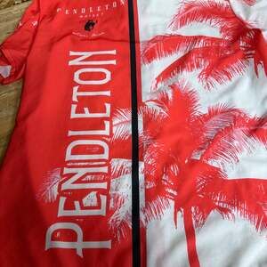 Pendleton Whisky Let'er Buck Red and White Palm Tree Hawaiian Racing Shirt